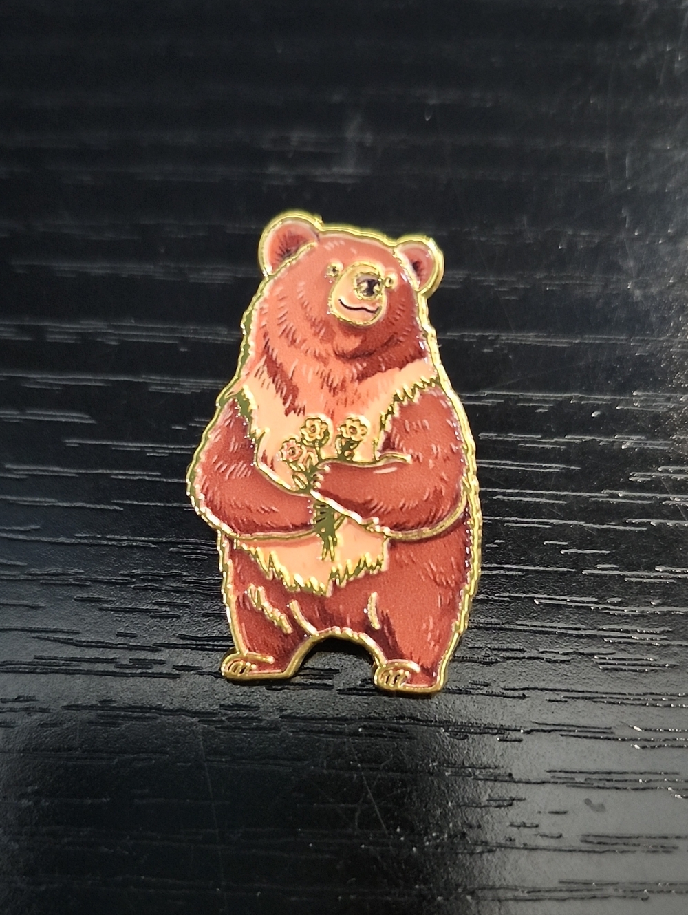 Brown Bear Enamel Pin -  Holding Flowers